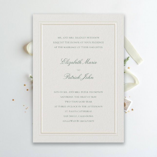 Formal Modern Classic Elevated Green Ecru Wedding Einladung (modern classic wedding invitation forest green type double frame ecru formal traditional stately)
