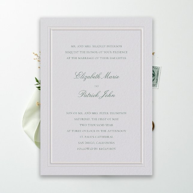 Formal Modern Classic Elevated Green Ivory Wedding Einladung (modern classic wedding invitation forest green type double frame ivory formal traditional stately)