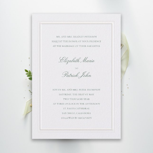 Formal Modern Classic Elevated Green Pearl Wedding Einladung (modern classic wedding invitation forest green type double frame pearl formal traditional stately)