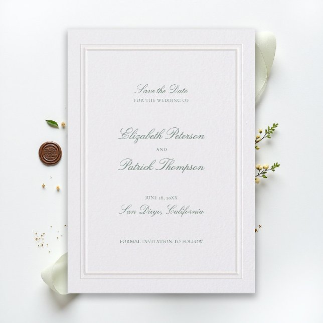 Formal Modern Classic Elevated Green Pearl Wedding Save The Date (modern classic wedding save the date forest green type double frame pearl formal traditional stately)
