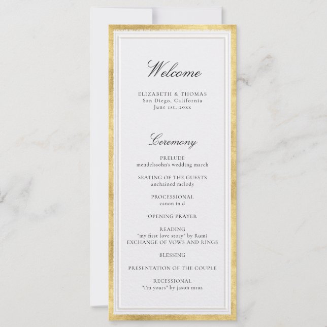 Formal Modern Classic Pearl Gold Wedding Program (Vorderseite)