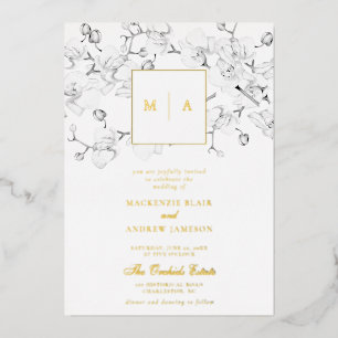 Formal Modern Orchids Wreath Monogram Wedding Folieneinladung