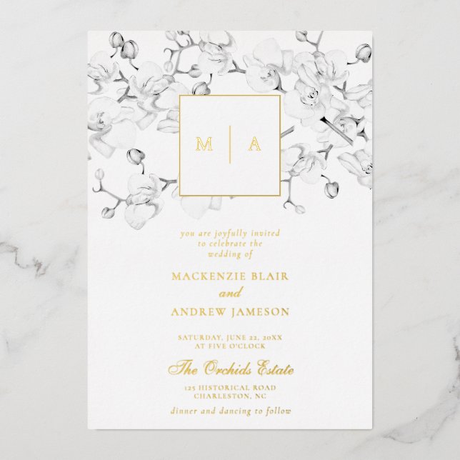 Formal Modern Orchids Wreath Monogram Wedding Folieneinladung (Vorderseite)