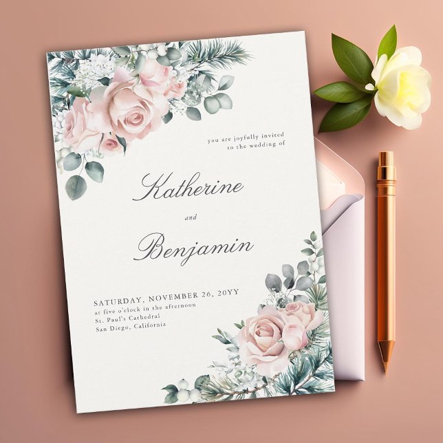 Formal Moderne klassische Winter-Rose Elegante Hoc Einladung (elegant winter wedding invitation blush roses foliage floral frame formal traditional calligraphy)