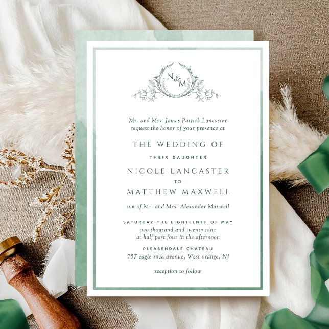 Formal Mongram Green Watercolor Wedding Einladung (Von Creator hochgeladen)