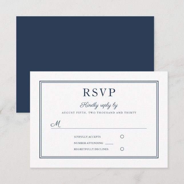 Formal Navy Blue Script Wedding RSVP Card Karte (Vorne/Hinten)