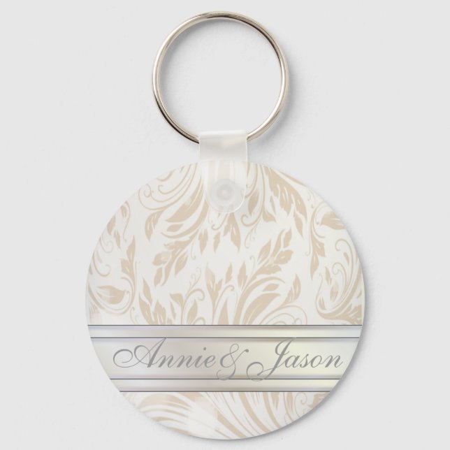 Formal Pearl White Damask Wedding Gefallen Schlüsselanhänger (Vorderseite)
