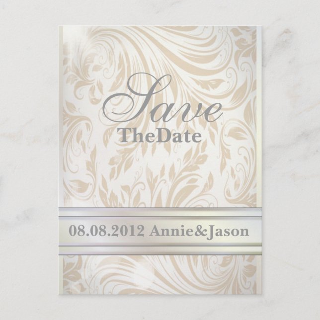 Formal Pearl White Damask Wedding Save the Date Ankündigungspostkarte (Vorderseite)