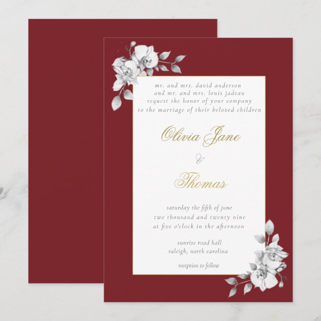 Formal Rahmen Gold Burgundy Eukalyptus BW Wedding Einladung (Vorne/Hinten)