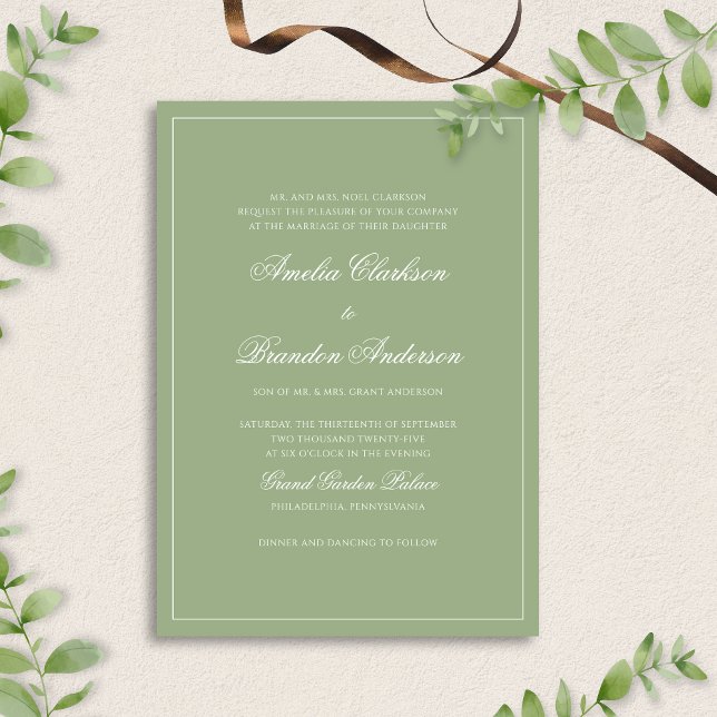 Formal Real Sage Green Border Script Wedding Einladung (Von Creator hochgeladen)
