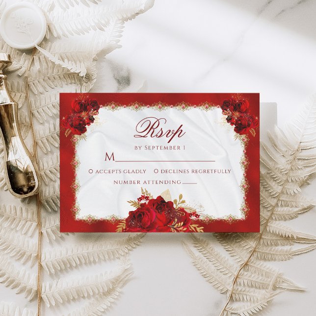 Formal Red Gold Floral Wedding RSVP Karte (Von Creator hochgeladen)