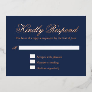 Formal Rose Gold Foil Navy Blue Wedding RSVP Card Folie Einladungspostkarte