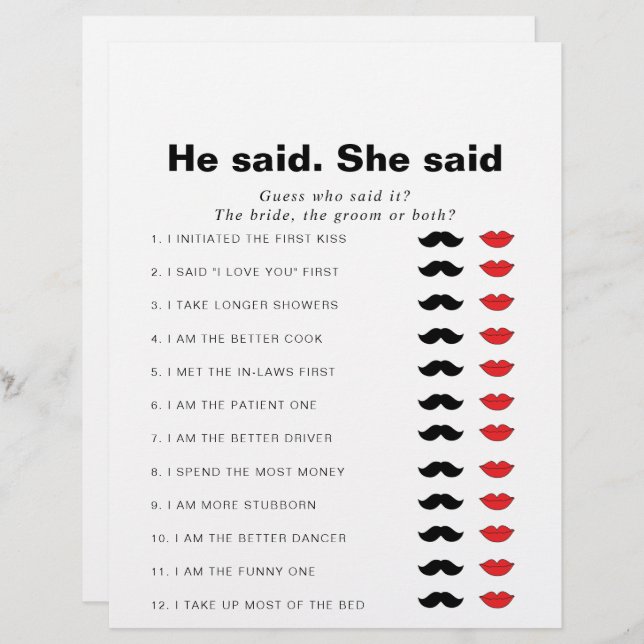 Formal sagte er, sie sagte Brautparty Game (Vorne/Hinten)