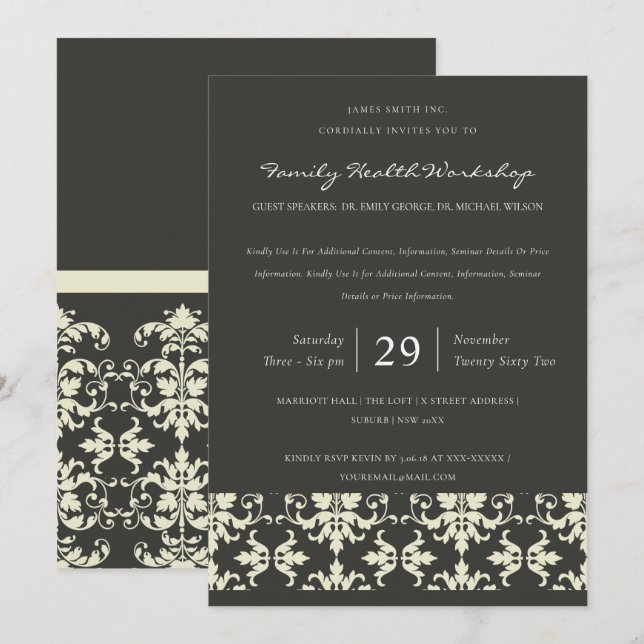 FORMAL SCHWARZ-WEISS DAMASK CLASSIC WORKSHOP-EREIG EINLADUNG (Vorne/Hinten)