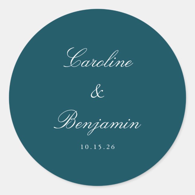 Formal Script Elegant Wedding Custom Aquamarin Runder Aufkleber (Vorderseite)