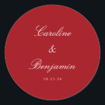 Formal Script Elegant Wedding Custom Red Runder Aufkleber<br><div class="desc">Stilvolle formale Klassische Schrift Elegante Hochzeit Einladung Custom Classic Round Sticker in Rot und Weiß</div>