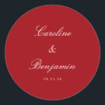 Formal Script Elegant Wedding Custom Red Runder Aufkleber<br><div class="desc">Stilvolle formale Klassische Schrift Elegante Hochzeit Einladung Custom Classic Round Sticker in Rot und Weiß</div>