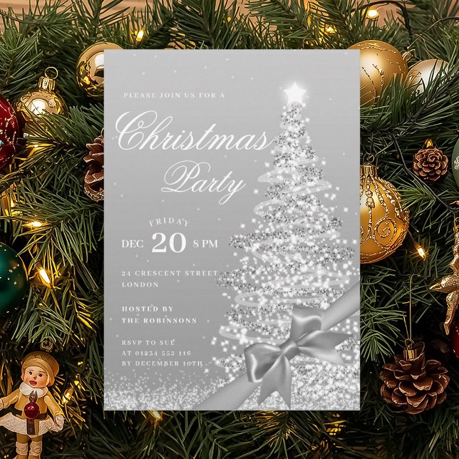 Formal Silver Winter Christmas Tree Bow Holiday  Einladung (Formal Silver Winter Christmas Tree Bow Holiday Invitation)