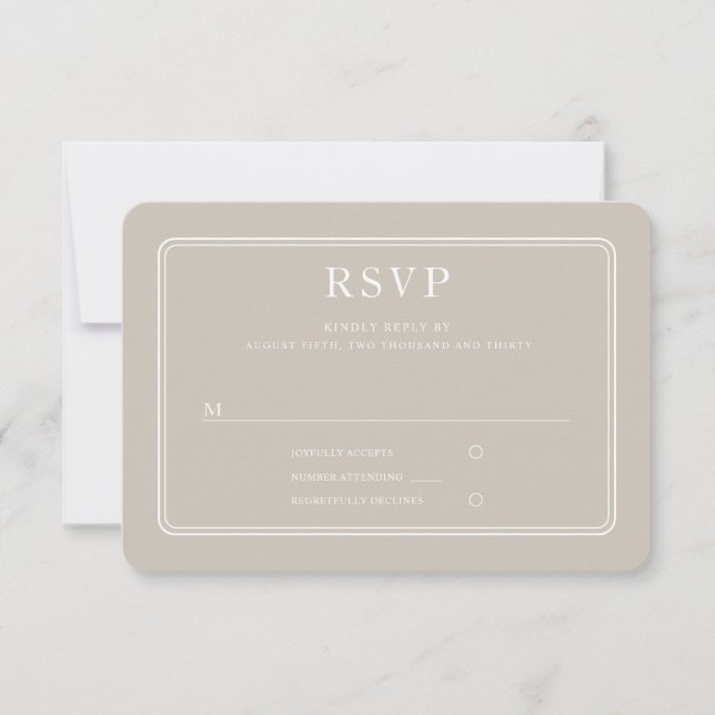 Formal Taupe Hochzeit RSVP Karte (Vorderseite)