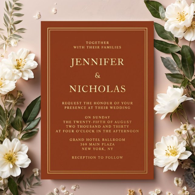 Formal Terracotta Wedding Gold Folieneinladung (Elegant Formal Terracotta Wedding Gold Foil Invitation)
