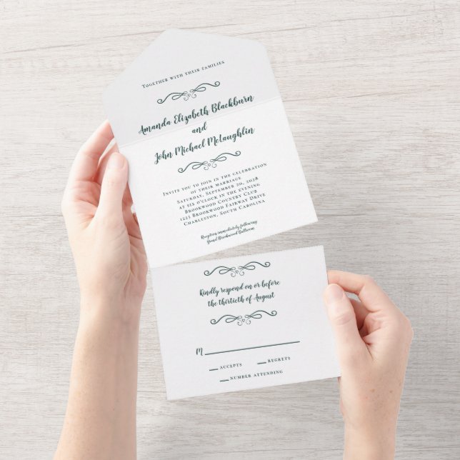 Formal Wedding Emerald Green Trifold All In One Einladung (Abreißen)