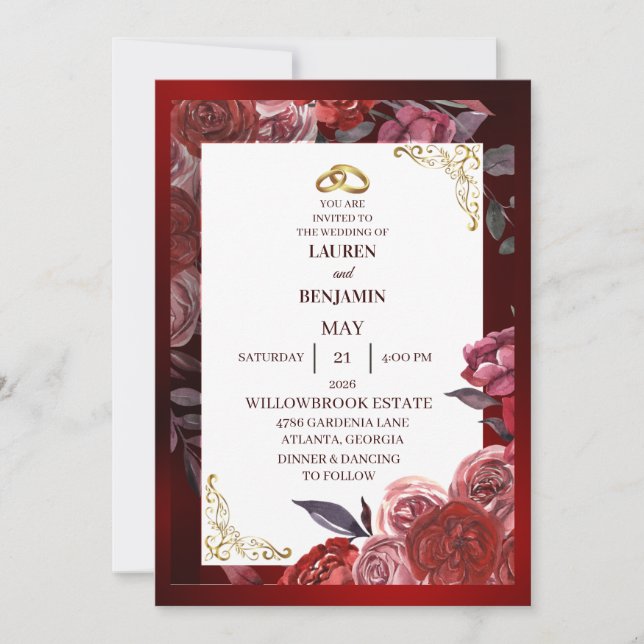 Formal wedding invitation in red and gold (Devant)