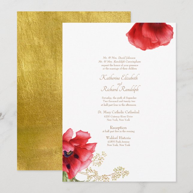 Formal Wedding Red Floral & Metallic Gold Einladung (Vorne/Hinten)