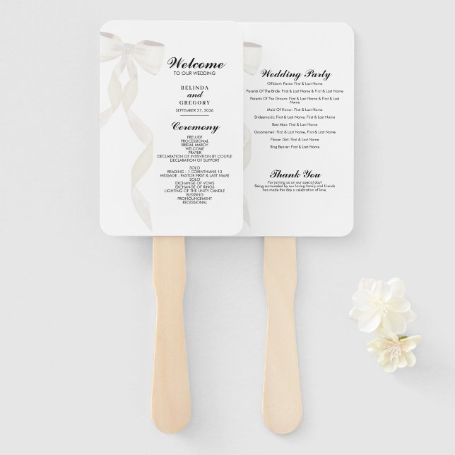 Formal White Bow Ribbon Elegant Wedding Program Fächer (Vorne und Hinten)