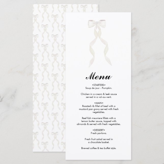 Formal White Bow Ribbon Elegante Hochzeit Menükarte (Vorne/Hinten)