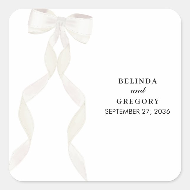 Formal White Bow Ribbon Elegante Hochzeit Quadratischer Aufkleber (Vorderseite)