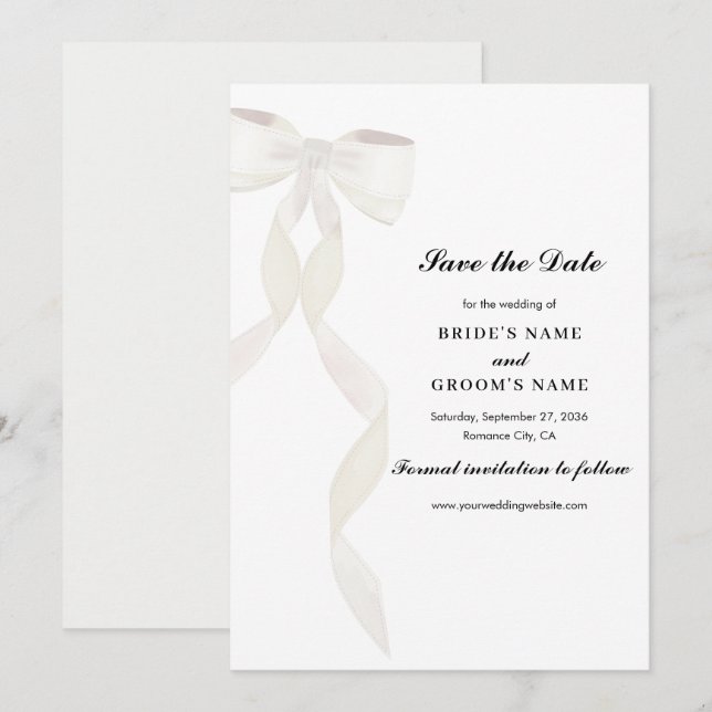 Formal White Bow Ribbon Elegante Hochzeit Save The Date (Vorne/Hinten)