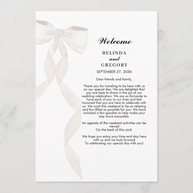 Formal White Bow Ribbon Elegante Hochzeitsreise Programm (Vorderseite)