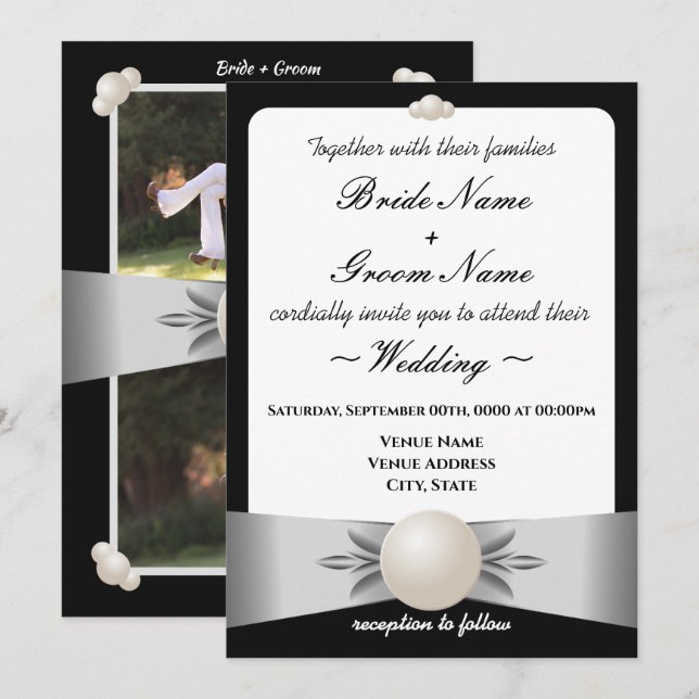Formal White Ribbon Pearl Foto Wedding Einladung (Vorne/Hinten)