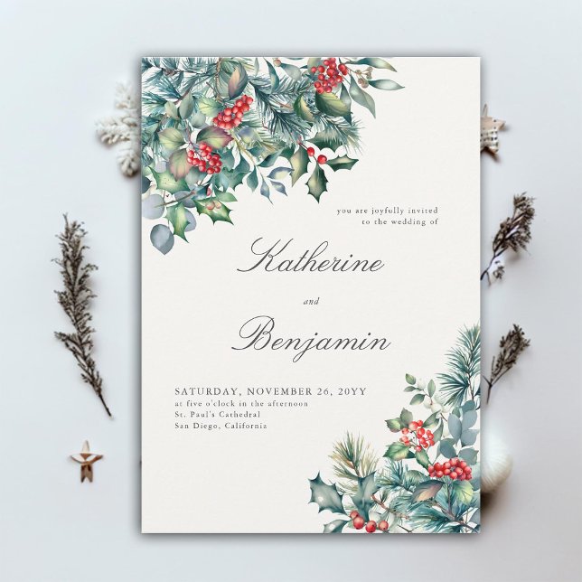 Formal Winter Botanicals Red Berry Elegante Hochze Einladung (elegant winter wedding invitation botanical frame formal traditional modern classic red berries)