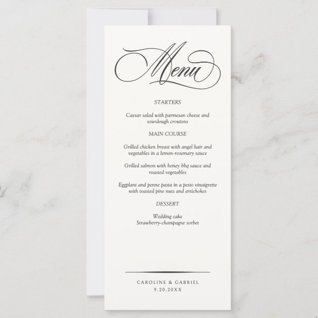 Formale elegante Schrift Hochzeitsmenü (Vorderseite)