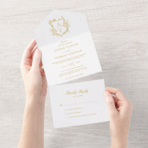 Formale Goldschrift-Monogramm-Hochzeit All In One Einladung