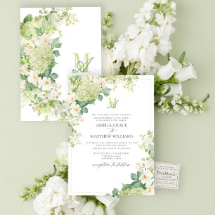 Formale grüne Hortensien-Blumen-Monogramm-Hochzeit Einladung