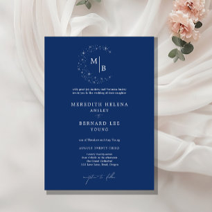 Formale himmlische elegante blaue Monogramm-Hochze Einladung