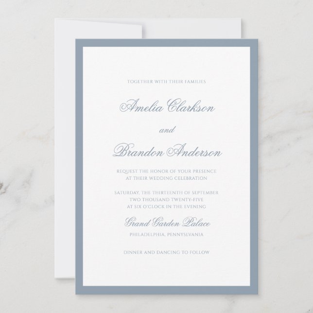 Formale klassische staubblaue Border-Script-Hochze Einladung (Vorderseite)