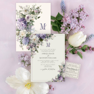 Formale Lavendel-Hortensien-Blumen-Monogramm-Hochz Einladung