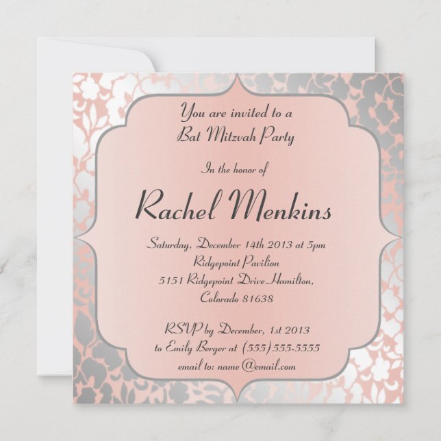 Formale Metallpfirsich Floral Bat Mitzvah Einladung (Vorderseite)