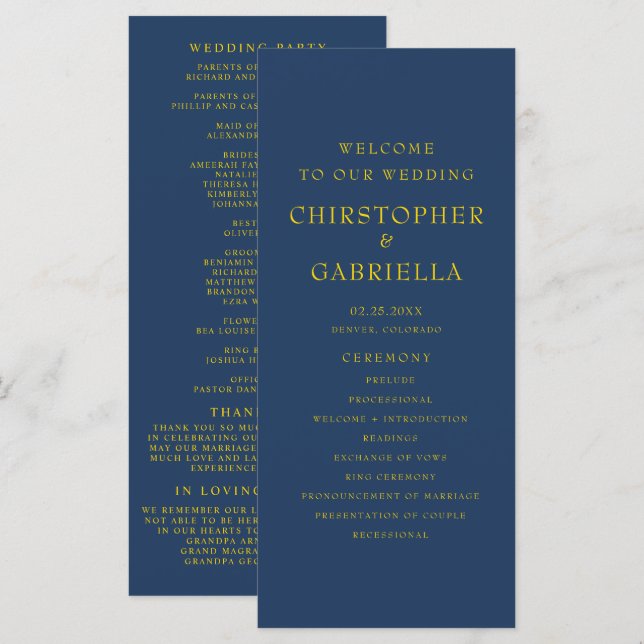 Formale Navy- und Gold-Hochzeit Programm (Vorne/Hinten)