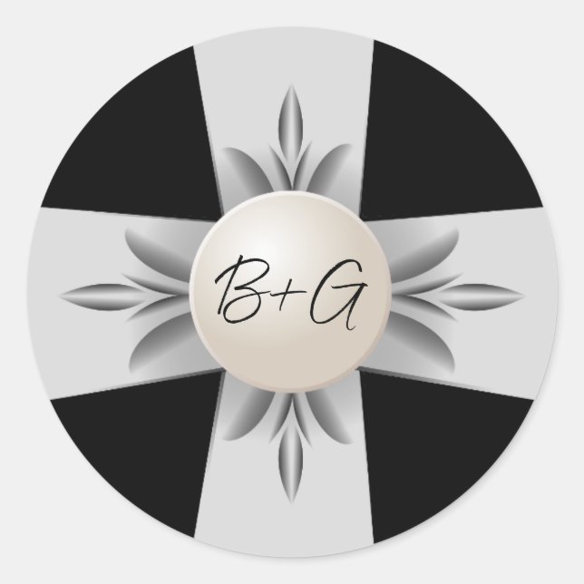 Formale Schwarz-Weiß-Monogramm-Pearl Ribbon-Hochze Runder Aufkleber (Vorderseite)