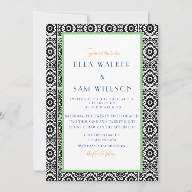 Formale Schwarz-Weiß-Tile-Hochzeit Einladung (Vorderseite)