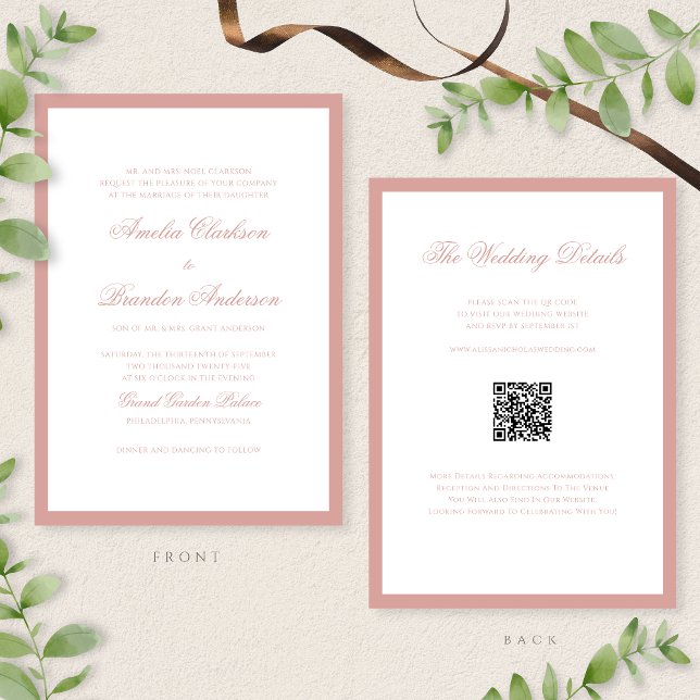 Formaler Dusty Rose-Rahmen-Script-Hochzeits-QR-Cod Einladung (Von Creator hochgeladen)