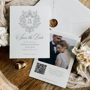 Formales antikes Wappen Sage-Grün Foto und QR-Code Save The Date