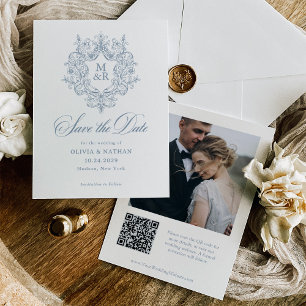 Formales antikes Wappen Staubblau Foto und QR-Code Save The Date