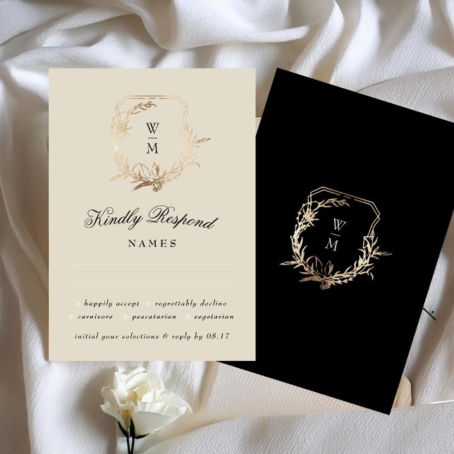 Formales Cream & Black Monogram Gold Botanisches M RSVP Karte (Von Creator hochgeladen)