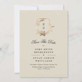 Formales Cream Black Monogram Gold Wappen Foto Save The Date