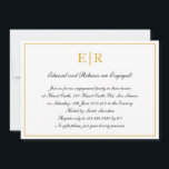 Formales Gold Monogram Engagement Einladung<br><div class="desc">Formelle und extravagante Einladungen mit einem einfachen Design mit Ihren Veranstaltungsdetails in einem Imitat goldenen Rahmen,  auf weißem Hintergrund. Oben stehen Ihre beiden ersten Monogramme und Ihre Details sind in einer eleganten Kalligraphie. Ein elegantes Design,  das sicher beeindrucken wird.</div>